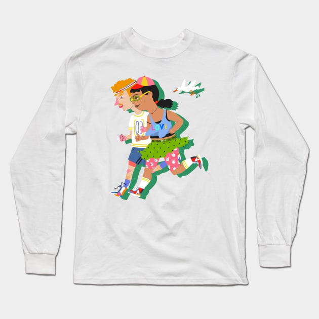 Running couple with bird Long Sleeve T-Shirt by ezrawsmith